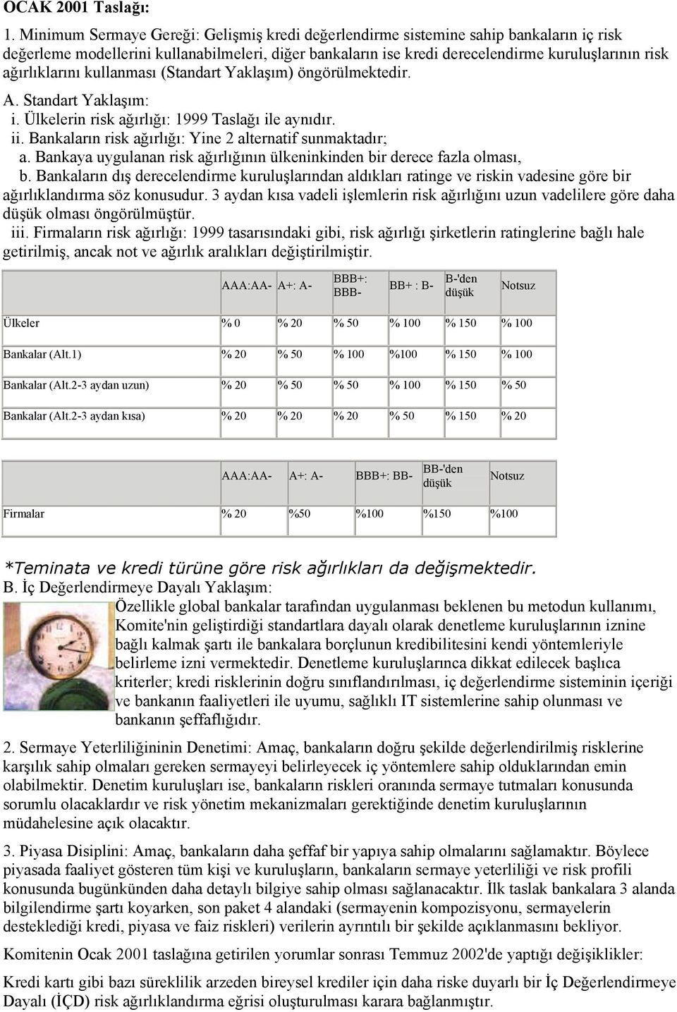 ağırlıklarını kullanması (Standart Yaklaşım) öngörülmektedir. A. Standart Yaklaşım: i. Ülkelerin risk ağırlığı: 1999 Taslağı ile aynıdır. ii.