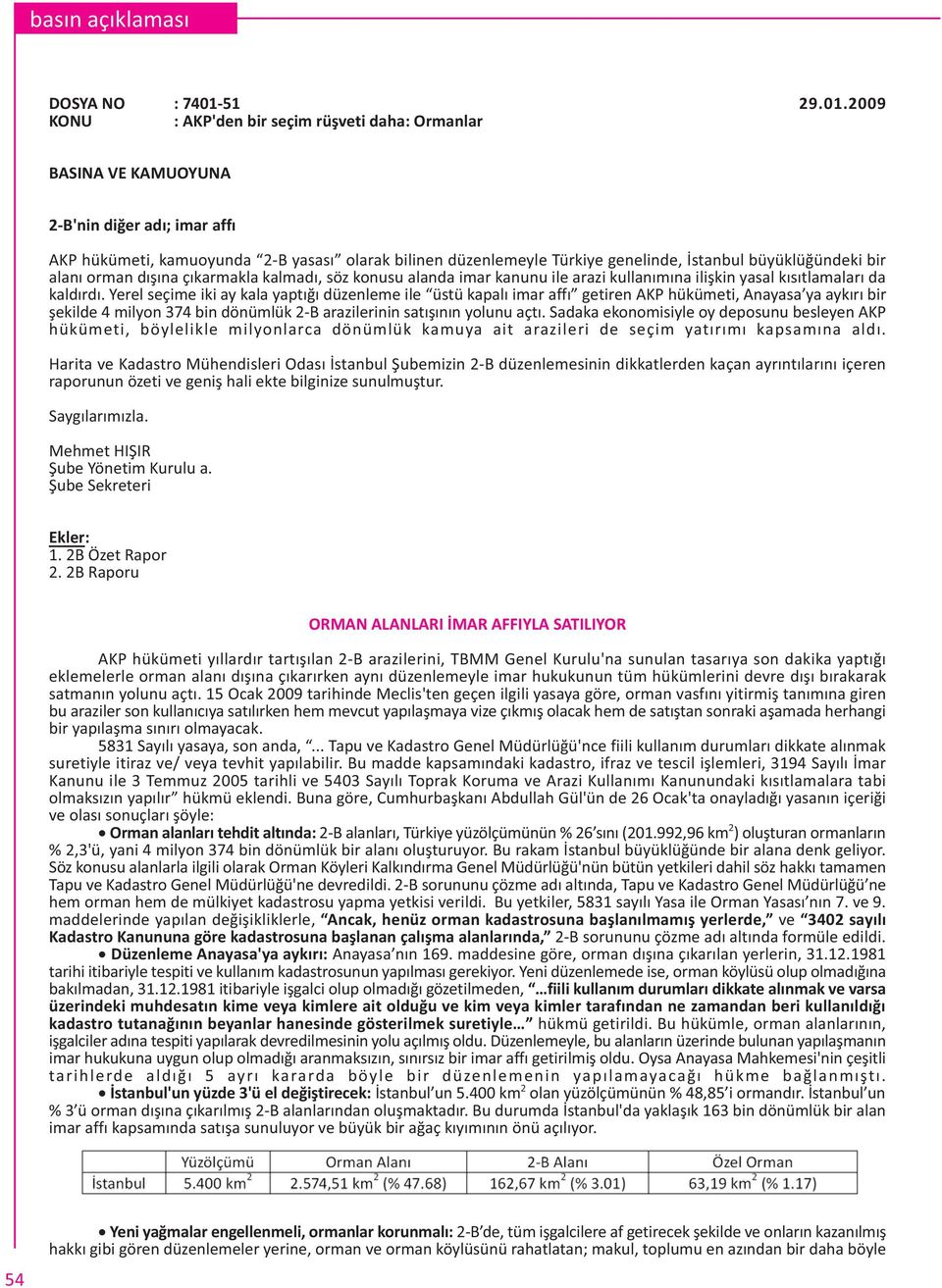 2009 KONU : AKP'den bir seçim rüþveti daha: Ormanlar BASINA VE KAMUOYUNA 2-B'nin diðer adý; imar affý AKP hükümeti, kamuoyunda 2-B yasasý olarak bilinen düzenlemeyle Türkiye genelinde, Ýstanbul