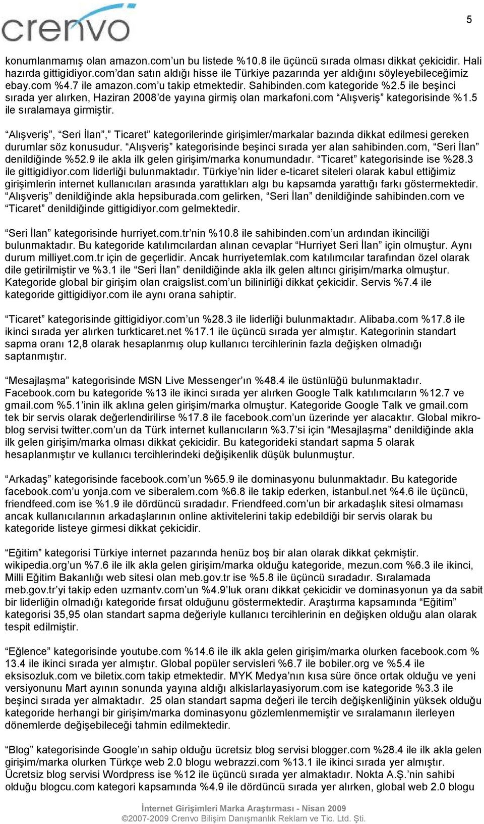 5 ile beşinci sırada yer alırken, Haziran 2008 de yayına girmiş olan markafoni.com Alışveriş kategorisinde %1.5 ile sıralamaya girmiştir.