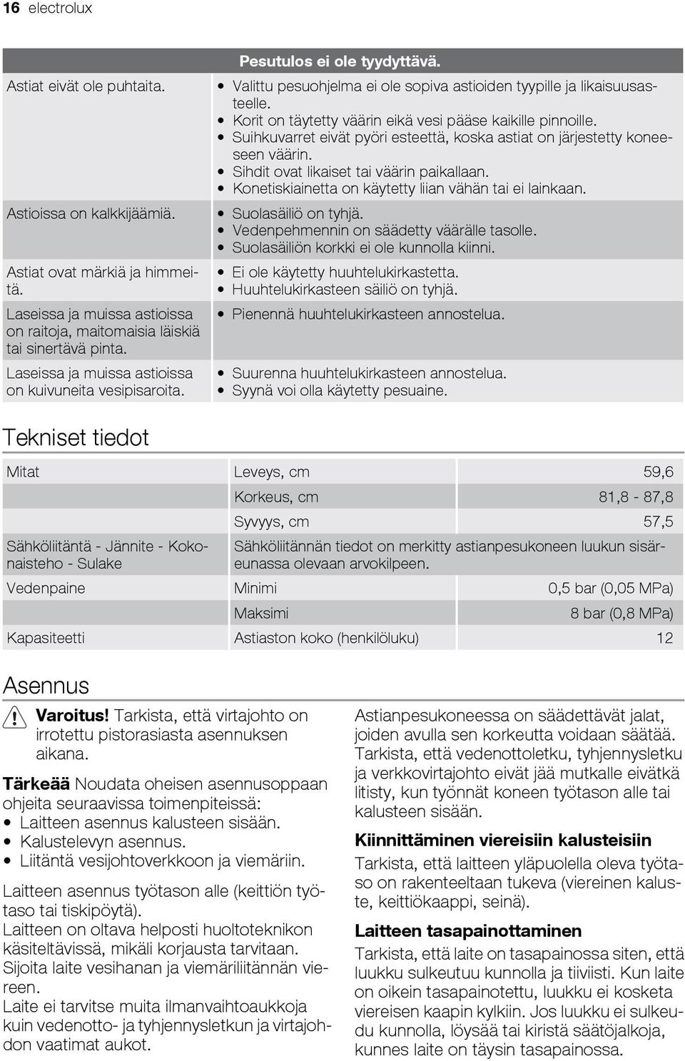 Korit on täytetty väärin eikä vesi pääse kaikille pinnoille. Suihkuvarret eivät pyöri esteettä, koska astiat on järjestetty koneeseen väärin. Sihdit ovat likaiset tai väärin paikallaan.