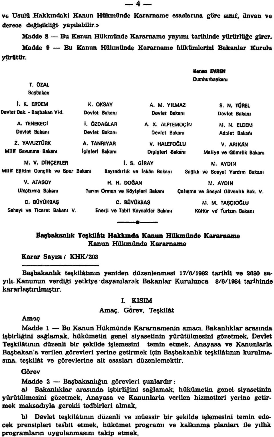 DİNÇERLER Millî Eğitim Gençlik ve Spor Bakanı V. ATASOY Ulaştırma Bakanı C, BÜYÜKBAŞ Sanayi ve Ticaret Bakanı V K. OKSAY I. ÛZDAĞLAR A. TANRI YAR İçişleri Bakanı A. M. YILMAZ A. K. ALPTEMOÇİN V.