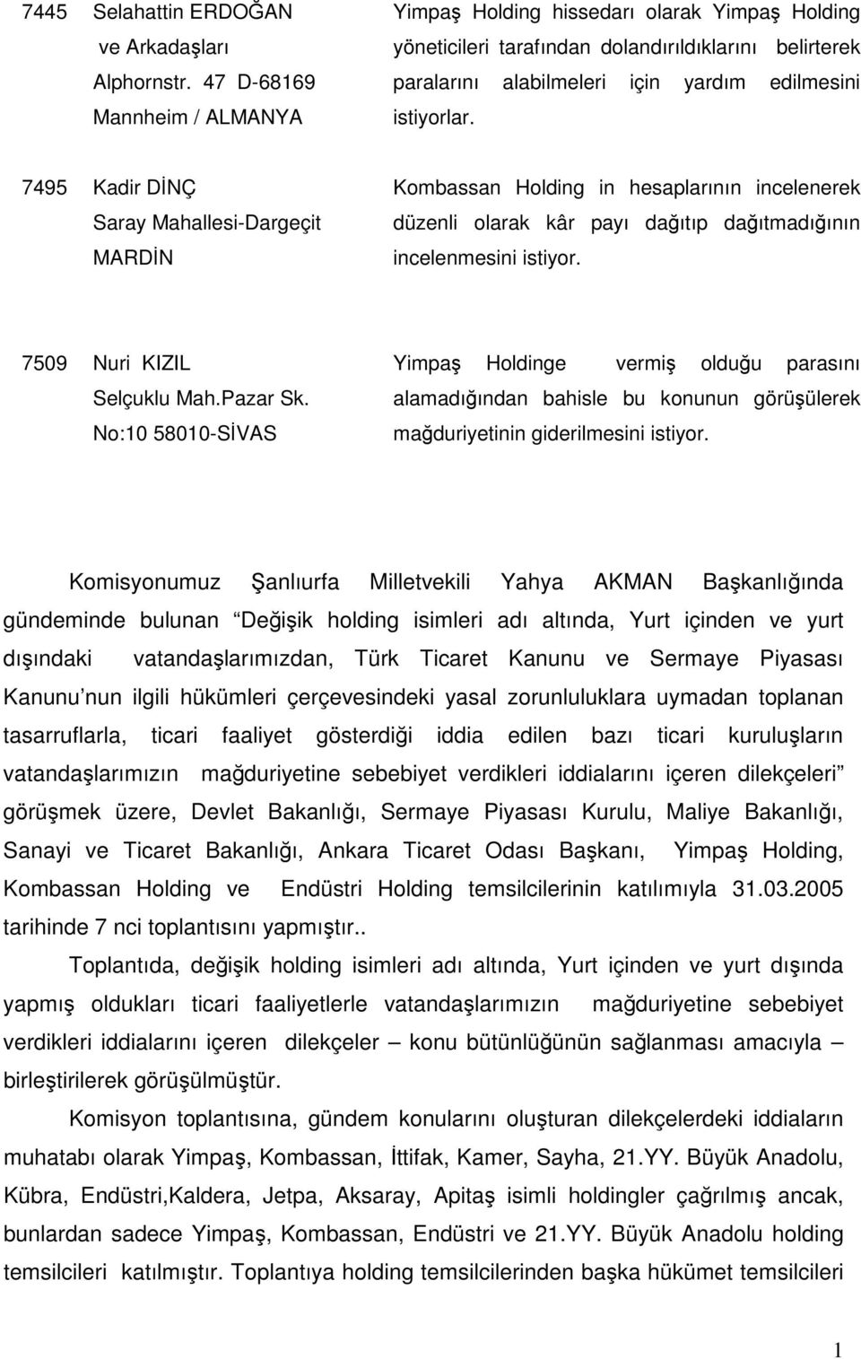 7495 Kadir DİNÇ Saray Mahallesi-Dargeçit MARDİN Kombassan Holding in hesaplarının incelenerek düzenli olarak kâr payı dağıtıp dağıtmadığının incelenmesini istiyor. 7509 Nuri KIZIL Selçuklu Mah.