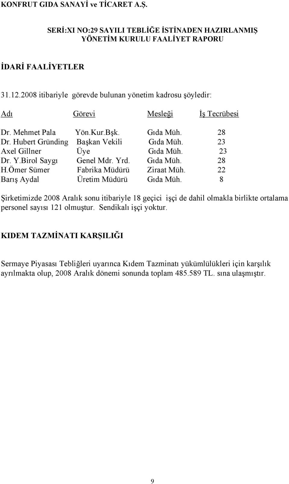 22 Barış Aydal Üretim Müdürü Gıda Müh. 8 Şirketimizde 2008 Aralık sonu itibariyle 18 geçici işçi de dahil olmakla birlikte ortalama personel sayısı 121 olmuştur.