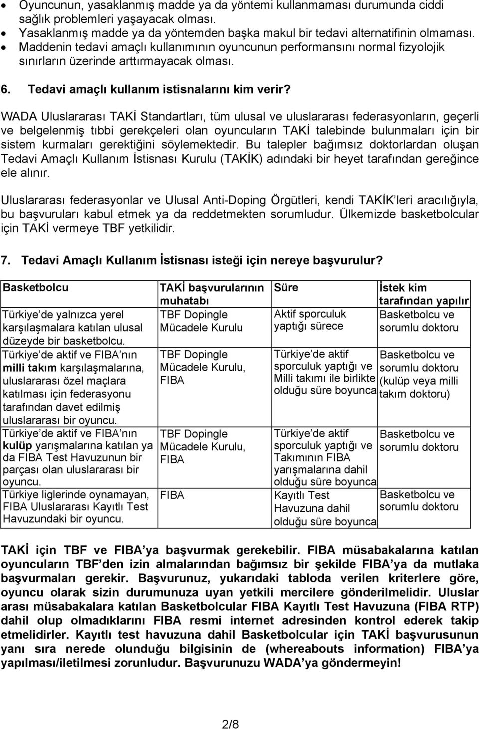 WADA Uluslararası TAKİ Standartları, tüm ulusal ve uluslararası federasyonların, geçerli ve belgelenmiş tıbbi gerekçeleri olan oyuncuların TAKİ talebinde bulunmaları için bir sistem kurmaları