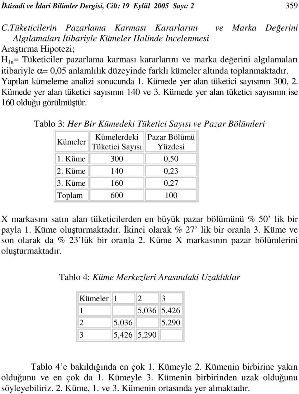 algılamaları itibariyle α= 0,05 anlamlılık düzeyinde farklı kümeler altında toplanmaktadır. Yapılan kümeleme analizi sonucunda. Kümede yer alan tüketici sayısının 00,.