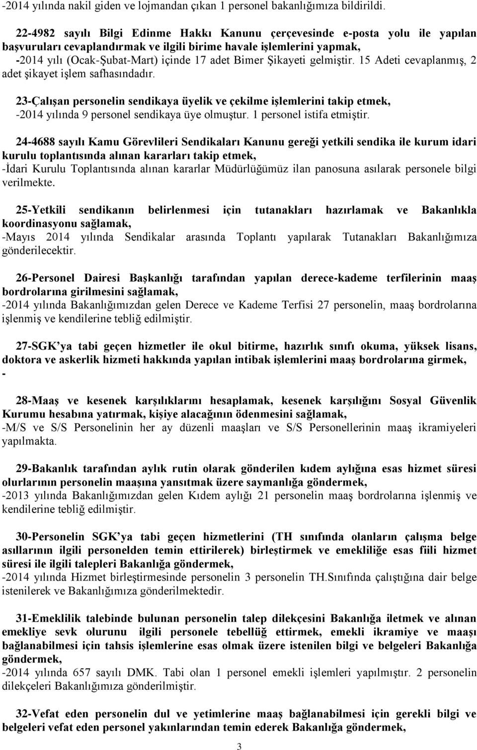 Şikayeti gelmiştir. 15 Adeti cevaplanmış, 2 adet şikayet işlem safhasındadır.