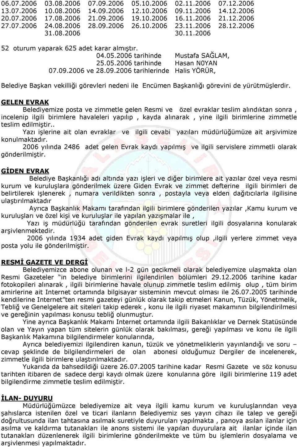 09.2006 ve 28.09.2006 tarihlerinde Halis YÖRÜR, Belediye Başkan vekilliği görevleri nedeni ile Encümen Başkanlığı görevini de yürütmüşlerdir.