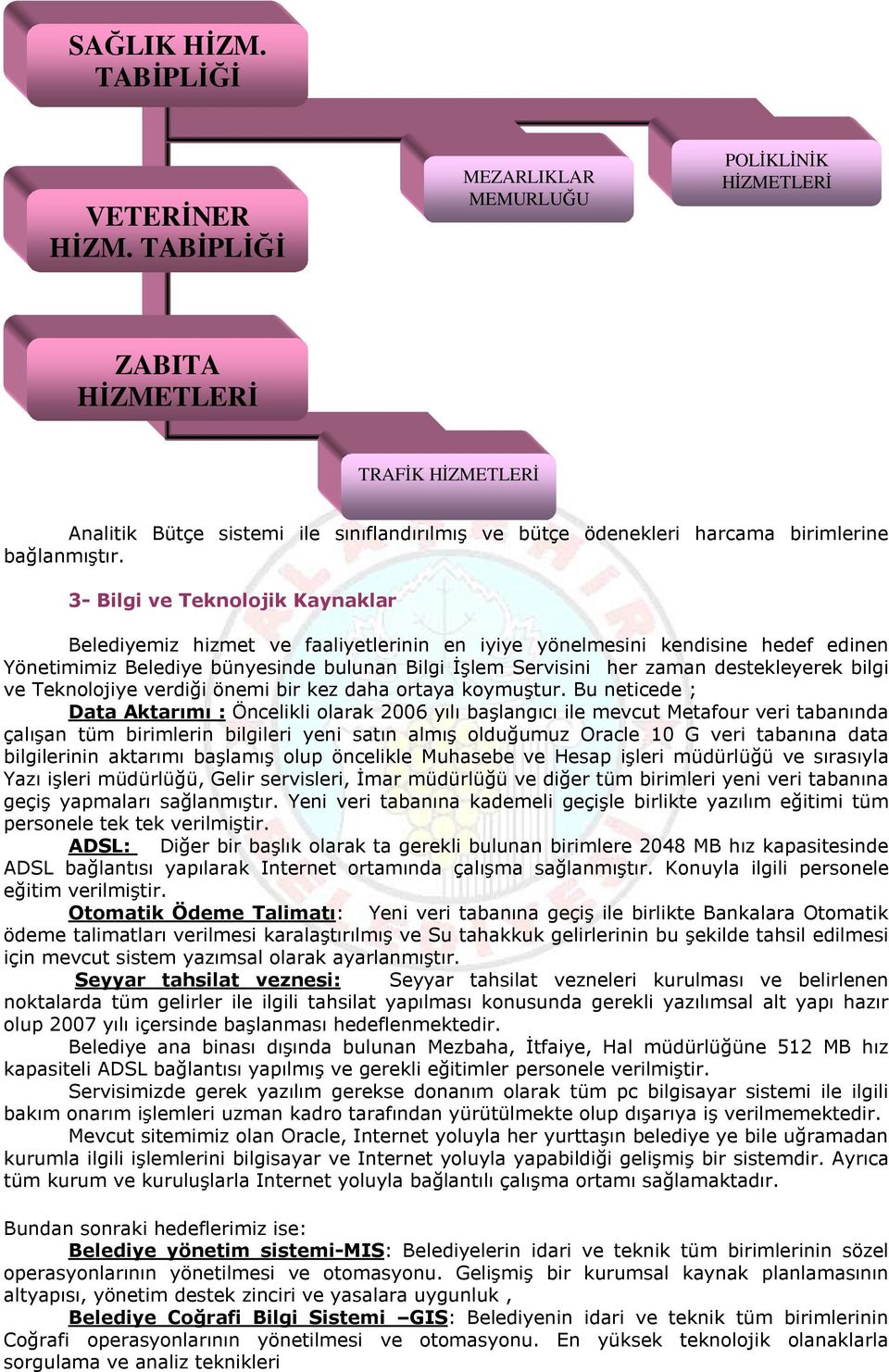 3- Bilgi ve Teknolojik Kaynaklar Belediyemiz hizmet ve faaliyetlerinin en iyiye yönelmesini kendisine hedef edinen Yönetimimiz Belediye bünyesinde bulunan Bilgi İşlem Servisini her zaman