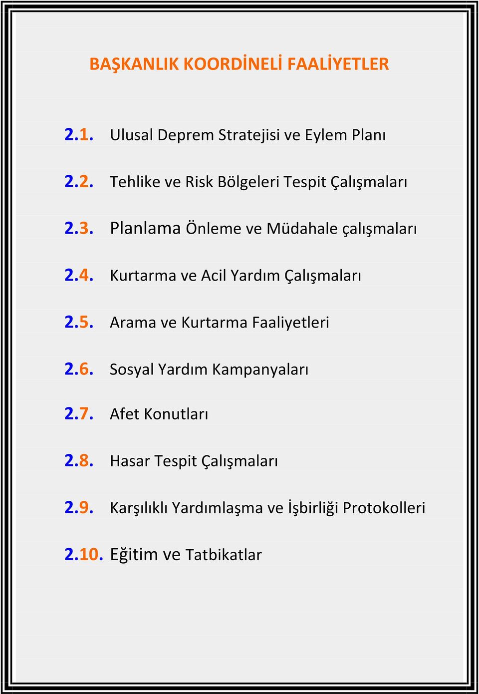 Arama ve Kurtarma Faaliyetleri 2.6. Sosyal Yardım Kampanyaları 2.7. Afet Konutları 2.8.