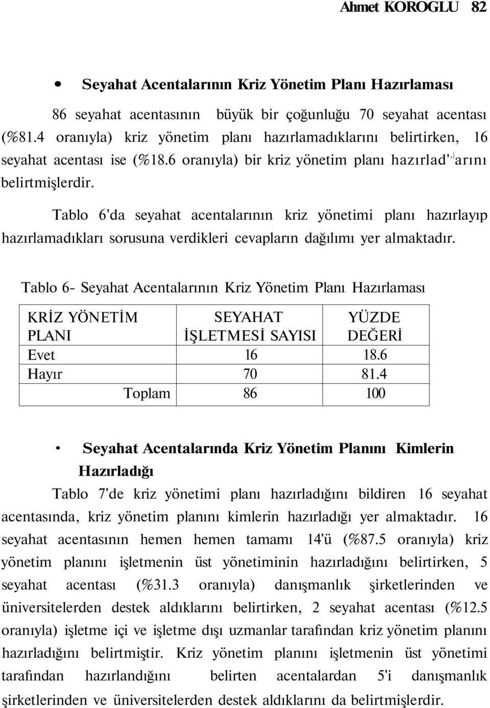 Tablo 6'da seyahat acentalarının kriz yönetimi planı hazırlayıp hazırlamadıkları sorusuna verdikleri cevapların dağılımı yer almaktadır.