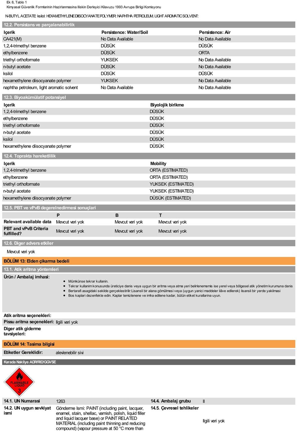 2. Persistans ve parçalanabilirlik Içerik Persistence: Water/Soil Persistence: Air CA421(M) No Data Available No Data Available 1,2,4-trimethyl benzene DÜSÜK DÜSÜK ethylbenzene DÜSÜK ORTA triethyl