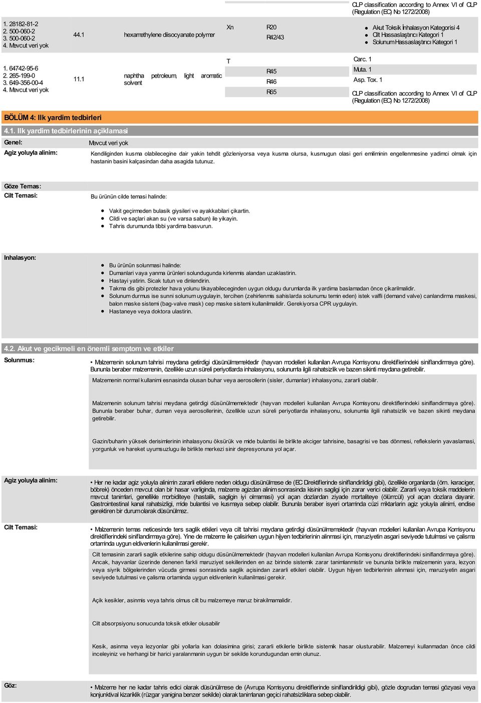 11.1 naphtha petroleum, light aromatic solvent T R45 R46 R65 Carc. 1 Muta. 1 Asp. Tox.