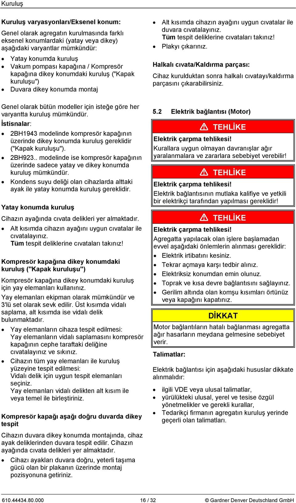 İstisnalar: 2BH1943 modelinde kompresör kapağının üzerinde dikey konumda kuruluş gereklidir ("Kapak kuruluşu"). 2BH923.