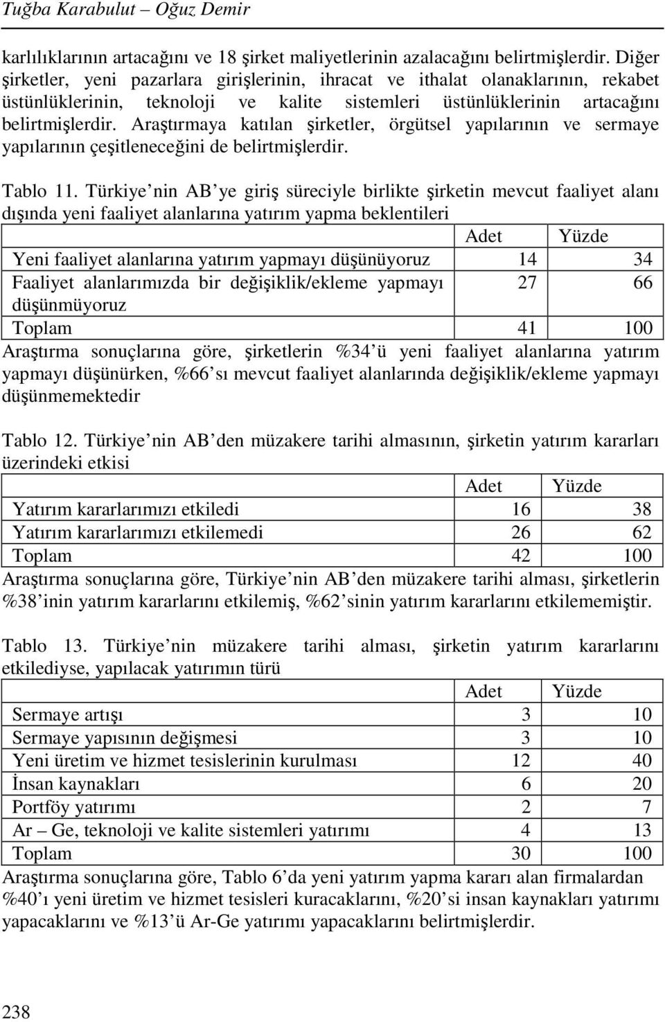 Araştırmaya katılan şirketler, örgütsel yapılarının ve sermaye yapılarının çeşitleneceğini de belirtmişlerdir. Tablo 11.