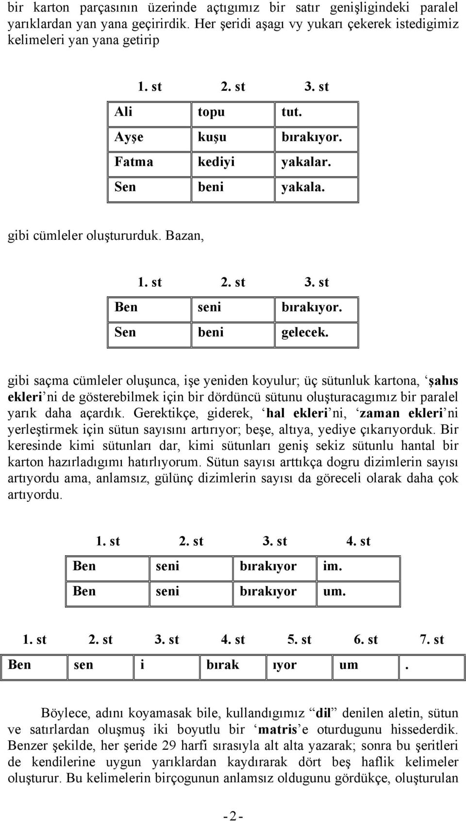 gibi saçma cümleler oluşunca, işe yeniden koyulur; üç sütunluk kartona, şahıs ekleri ni de gösterebilmek için bir dördüncü sütunu oluşturacagımız bir paralel yarık daha açardık.