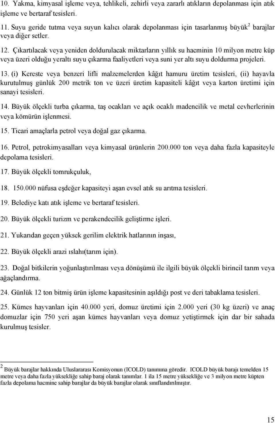 Çıkartılacak veya yeniden doldurulacak miktarların yıllık su hacminin 10 milyon metre küp veya üzeri olduğu yeraltı suyu çıkarma faaliyetleri veya suni yer altı suyu doldurma projeleri. 13.