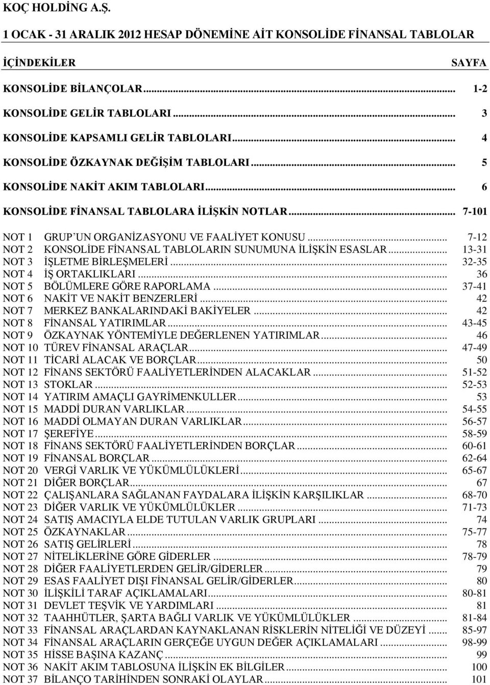 .. 7-12 NOT 2 KONSOLİDE FİNANSAL TABLOLARIN SUNUMUNA İLİŞKİN ESASLAR... 13-31 NOT 3 İŞLETME BİRLEŞMELERİ... 32-35 NOT 4 İŞ ORTAKLIKLARI... 36 NOT 5 BÖLÜMLERE GÖRE RAPORLAMA.