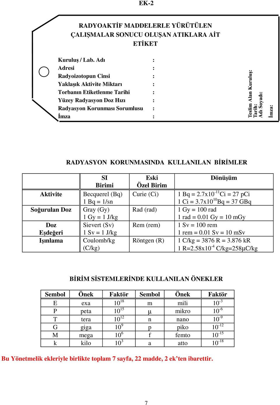 Soğurulan Doz Doz Eşdeğeri Işınlama SI Birimi Becquerel (Bq) 1 Bq = 1/sn Gray (Gy) 1 Gy = 1 J/kg Sievert (Sv) 1 Sv = 1 J/kg Coulomb/kg (C/kg) Eski Özel Birim Curie (Ci) Rad (rad) Rem (rem) Röntgen