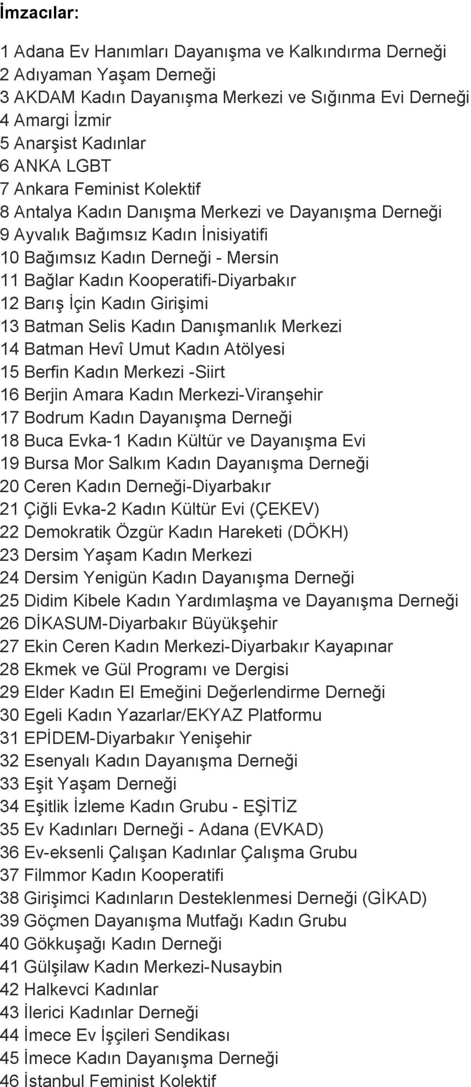 İçin Kadın Girişimi 13 Batman Selis Kadın Danışmanlık Merkezi 14 Batman Hevî Umut Kadın Atölyesi 15 Berfin Kadın Merkezi -Siirt 16 Berjin Amara Kadın Merkezi-Viranşehir 17 Bodrum Kadın Dayanışma