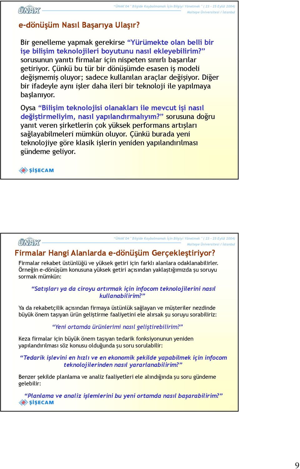 Diğer bir ifadeyle aynı işler daha ileri bir teknoloji ile yapılmaya başlanıyor. Oysa Bilişim teknolojisi olanakları ile mevcut işi nasıl değiştirmeliyim, ğ ş nasıl yapılandırmalıyım?