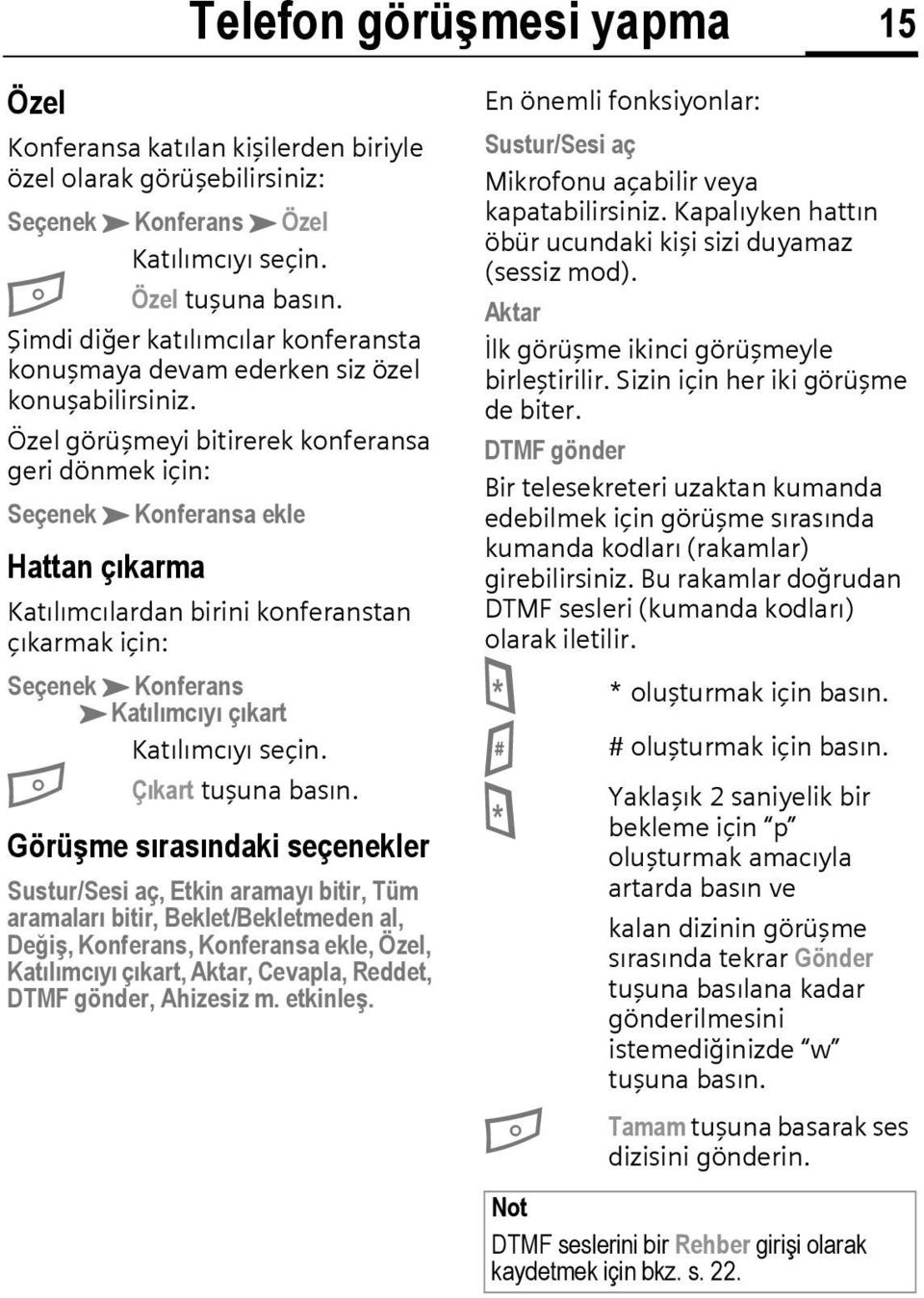 Özel görüşmeyi bitirerek konferansa geri dönmek için: SeçenekKKonferansa ekle Hattan çıkarma Katılımcılardan birini konferanstan çıkarmak için: SeçenekKKonferans KKatılımcıyı çıkart Katılımcıyı seçin.