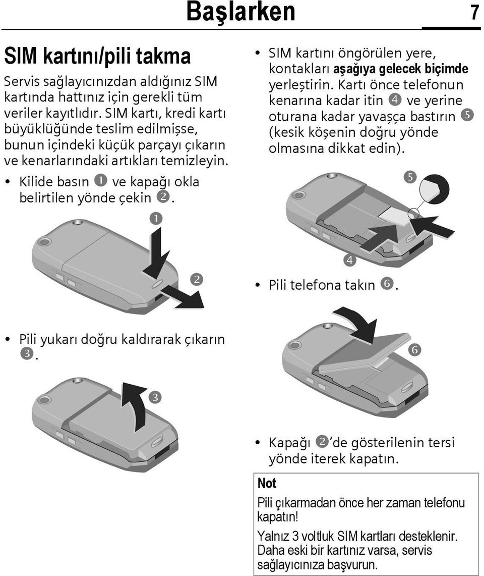 Başlarken 7 SIM kartını öngörülen yere, kontakları aşağıya gelecek biçimde yerleştirin.