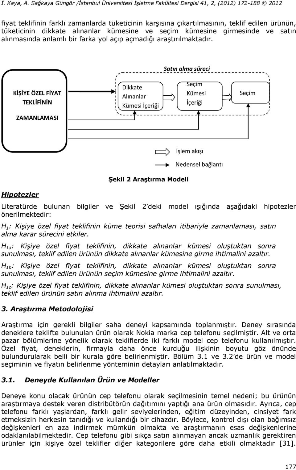 Satın alma süreci KİŞİYE ÖZEL FİYAT TEKLİFİNİN Dikkate Alınanlar Kümesi İçeriği Seçim Kümesi İçeriği Seçim ZAMANLAMASI İşlem akışı Nedensel bağlantı Hipotezler Şekil 2 Araştırma Modeli Literatürde