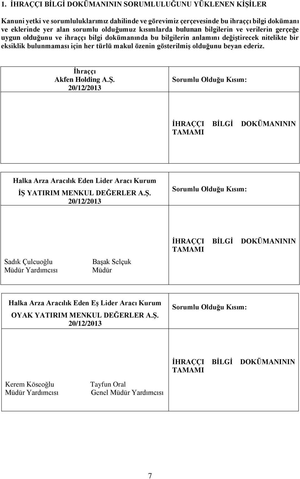 gösterilmiş olduğunu beyan ederiz. İhraççı Akfen Holding A.Ş. 20/12/2013 Sorumlu Olduğu Kısım: İHRAÇÇI BİLGİ DOKÜMANININ TAMAMI Halka Arza Aracılık Eden Lider Aracı Kurum İŞ YATIRIM MENKUL DEĞERLER A.