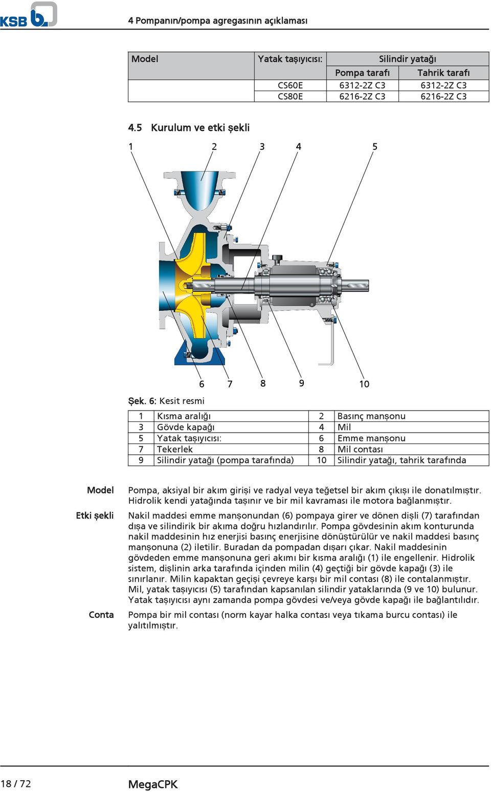6: Kesit resmi 6 7 8 9 10 1 Kısma aralığı 2 Basınç manşonu 3 Gövde kapağı 4 Mil 5 Yatak taşıyıcısı: 6 Emme manşonu 7 Tekerlek 8 Mil contası 9 Silindir yatağı (pompa tarafında) 10 Silindir yatağı,