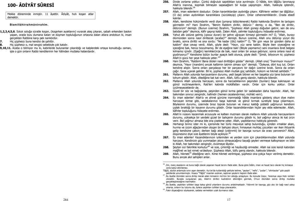 Rabbine karşı pek nankördür. 7. Hiç şüphesiz buna kendisi de şahittir. 8. Hiç şüphesiz o, mal sevgisi sebebiyle çok katıdır. 9,10,11.