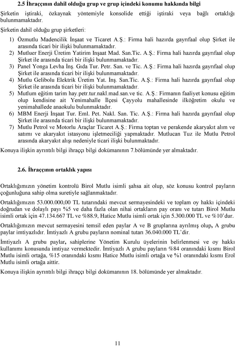 2) Mutluer Enerji Üretim Yatirim Inşaat Mad. San.Tic. A.Ş.: Firma hali hazırda gayrıfaal olup Şirket ile arasında ticari bir ilişki bulunmamaktadır. 3) Panel Yonga Levha İnş. Gıda Tur. Petr. San. ve Tic.