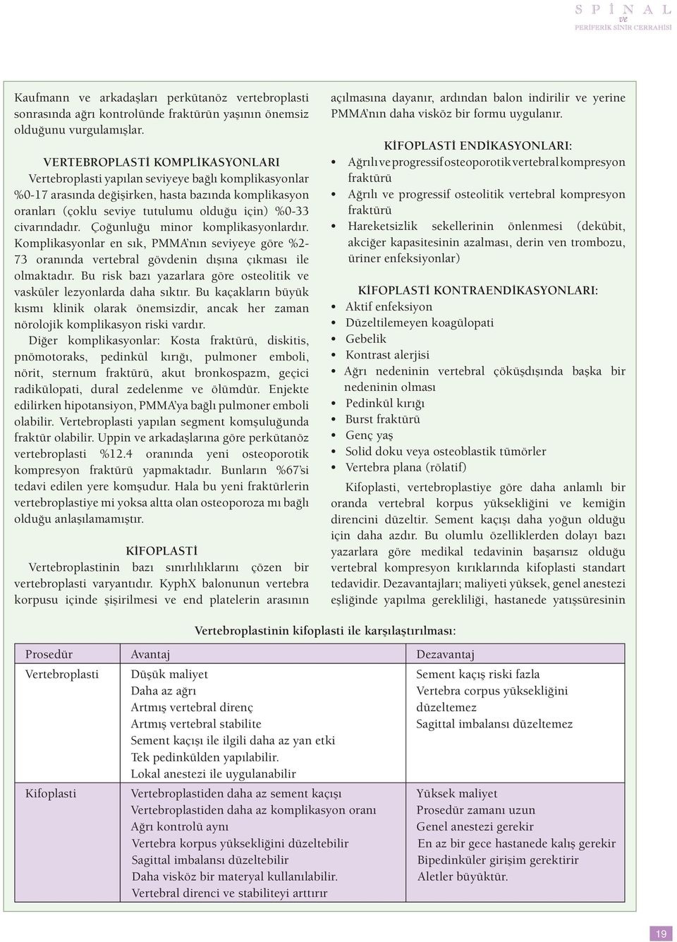 civarındadır. Çoğunluğu minor komplikasyonlardır. Komplikasyonlar en sık, PMMA nın seviyeye göre %2-73 oranında vertebral gövdenin dışına çıkması ile olmaktadır.