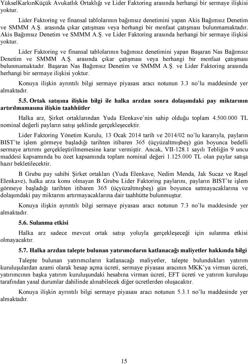 Lider Faktoring ve finansal tablolarının bağımsız denetimini yapan Başaran Nas Denetim ve SMMM A.Ş. arasında çıkar çatışması veya herhangi bir menfaat çatışması bulunmamaktadır.