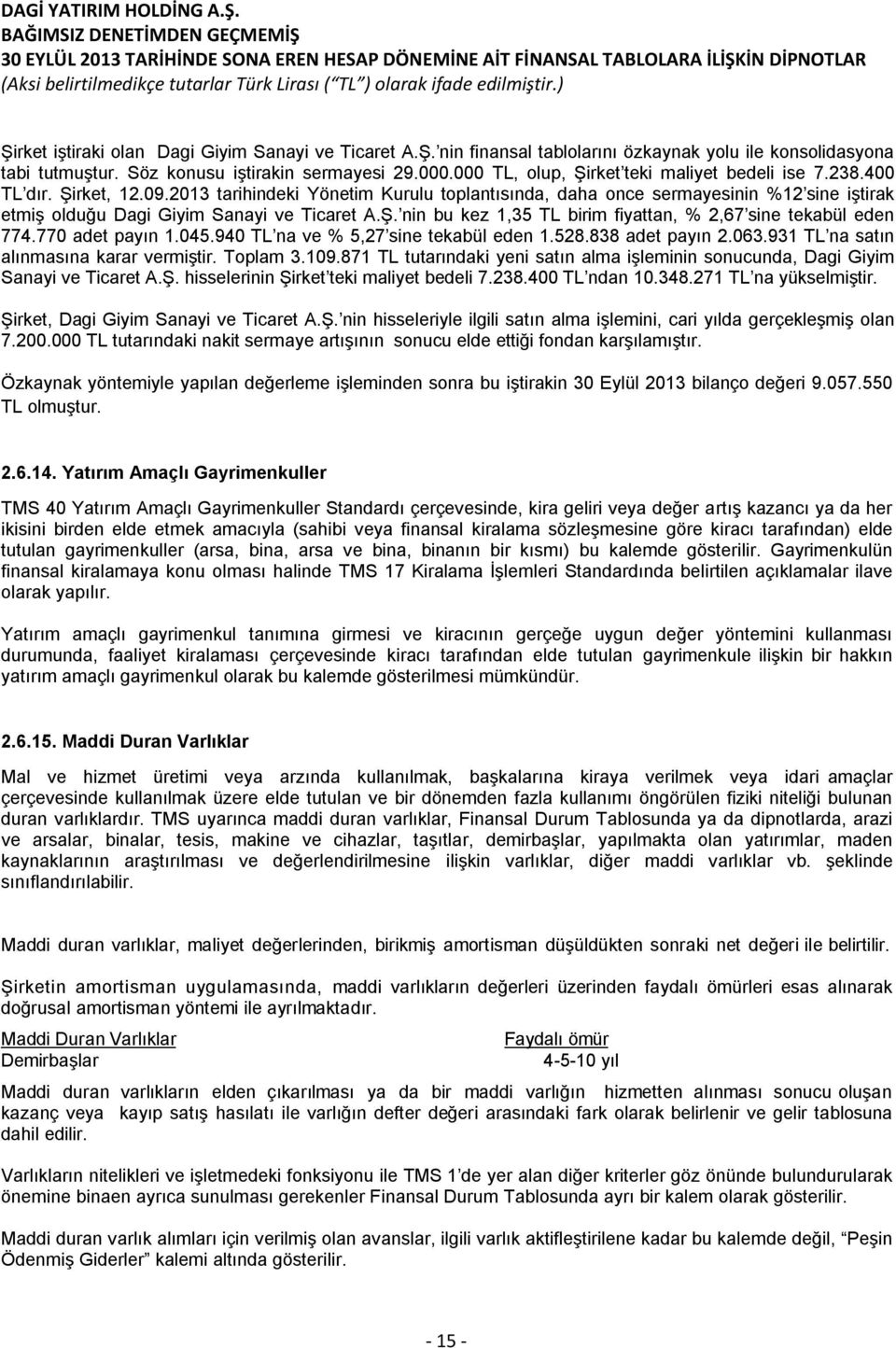 2013 tarihindeki Yönetim Kurulu toplantısında, daha once sermayesinin %12 sine iştirak etmiş olduğu Dagi Giyim Sanayi ve Ticaret A.Ş. nin bu kez 1,35 TL birim fiyattan, % 2,67 sine tekabül eden 774.