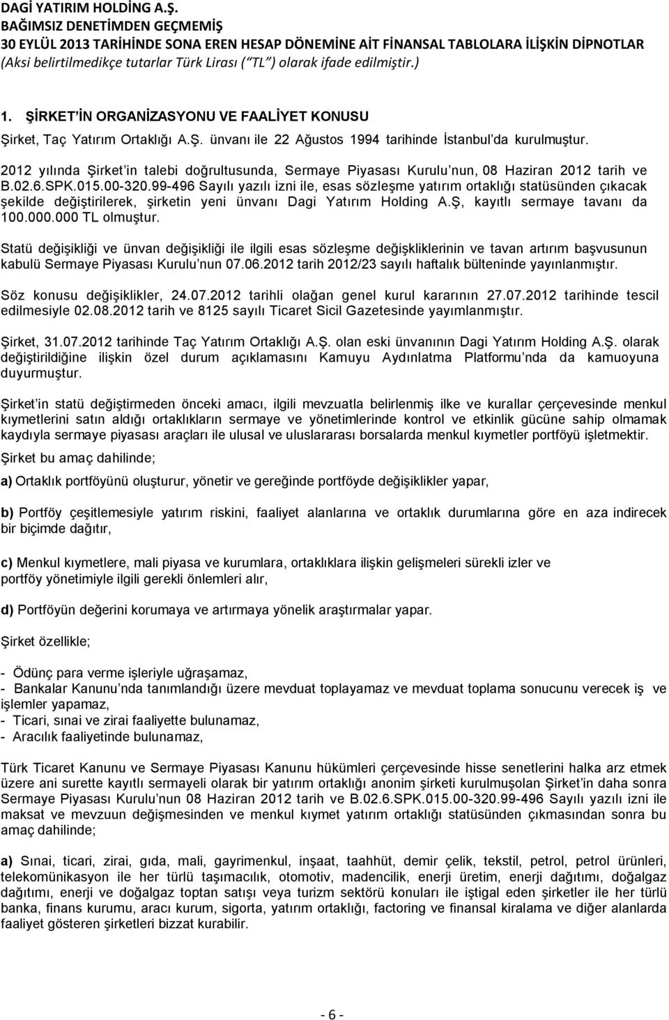 99-496 Sayılı yazılı izni ile, esas sözleşme yatırım ortaklığı statüsünden çıkacak şekilde değiştirilerek, şirketin yeni ünvanı Dagi Yatırım Holding A.Ş, kayıtlı sermaye tavanı da 100.000.