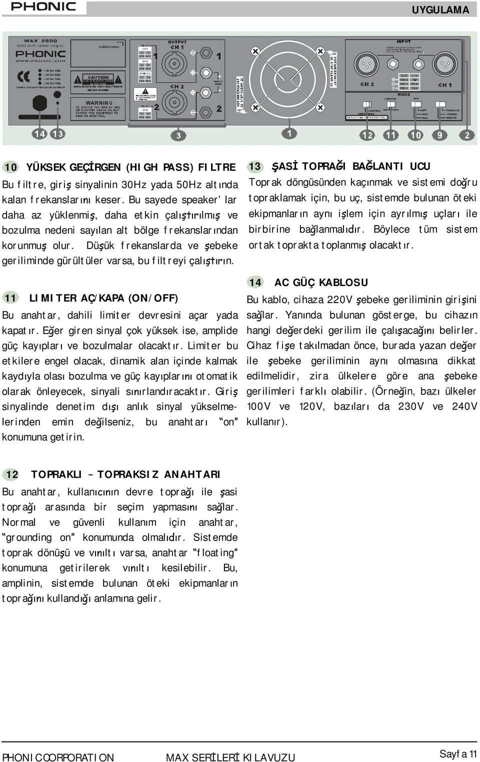 11 LIMITER AÇ/KAPA (ON/OFF) Bu anahtar, dahili limiter devresini açar yada kapat r. E er giren sinyal çok yüksek ise, amplide güç kay plar ve bozulmalar olacakt r.