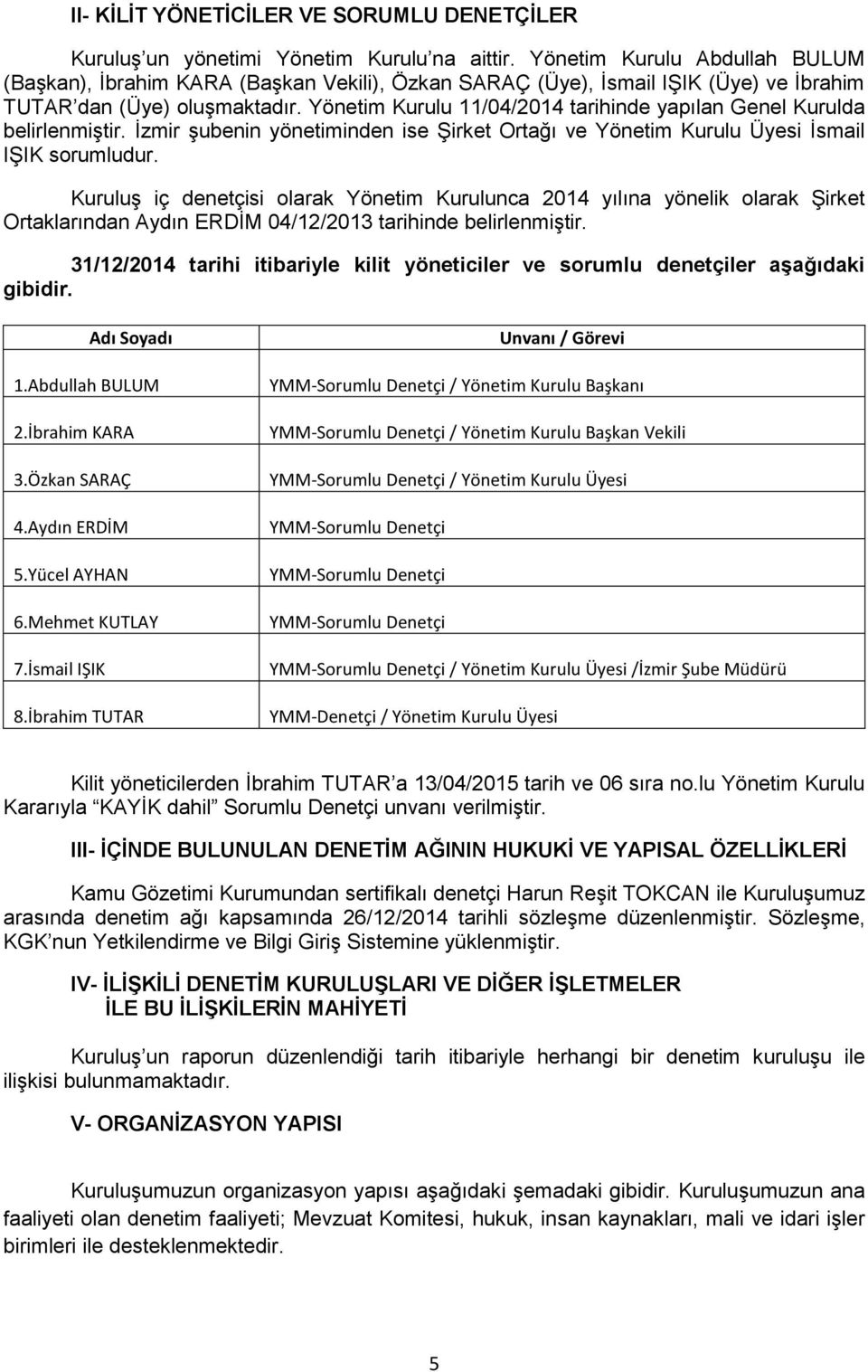 Yönetim Kurulu 11/04/2014 tarihinde yapılan Genel Kurulda belirlenmiştir. İzmir şubenin yönetiminden ise Şirket Ortağı ve Yönetim Kurulu Üyesi İsmail IŞIK sorumludur.