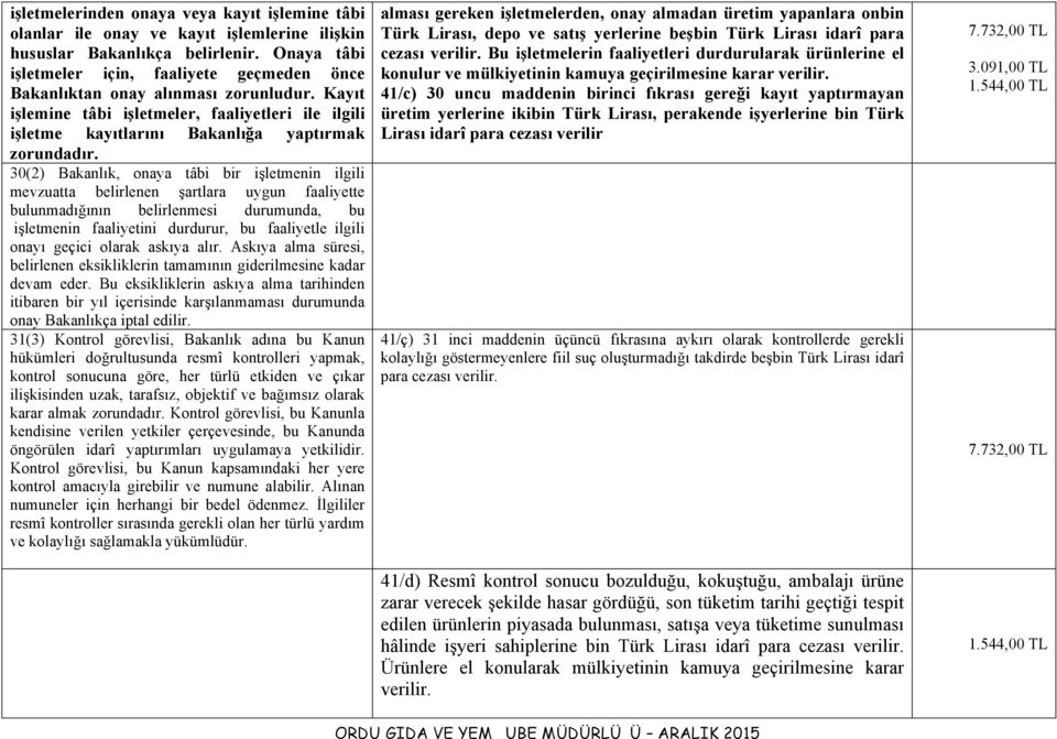 30(2) Bakanlık, onaya tâbi bir işletmenin ilgili mevzuatta belirlenen şartlara uygun faaliyette bulunmadığının belirlenmesi durumunda, bu işletmenin faaliyetini durdurur, bu faaliyetle ilgili onayı