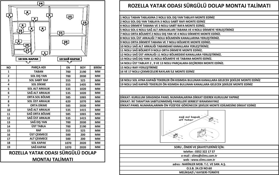 525 16 ÜST ÇEKMECE 500 200 17 ALT ÇEKMECE 500 200 18 SOL KAPAK 1070 2020 19 SAĞ KAPAK 1070 2020 ROZELLA YATAK ODASI SÜRGÜLÜ DOLAP MONTAJ TALİMATI 1 NOLU TABAN TABLASINA 2 NOLU SOL DIŞ YAN TABLAYI