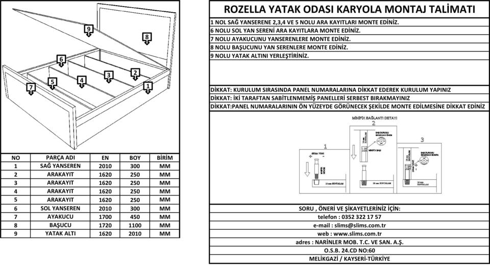 8 NOLU BAŞUCUNU YAN SERENLERE MONTE EDİNİZ. 9 NOLU YATAK ALTINI YERLEŞTİRİNİZ.