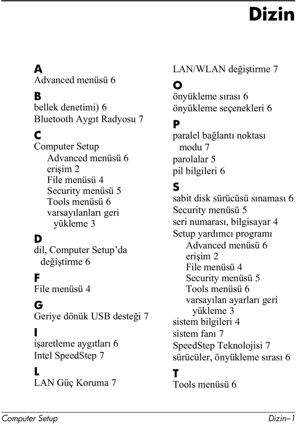 seçenekleri 6 P paralel bağlantı noktası modu 7 parolalar 5 pil bilgileri 6 S sabit disk sürücüsü sınaması 6 Security menüsü 5 seri numarası, bilgisayar 4 Setup yardımcı programı Advanced menüsü 6