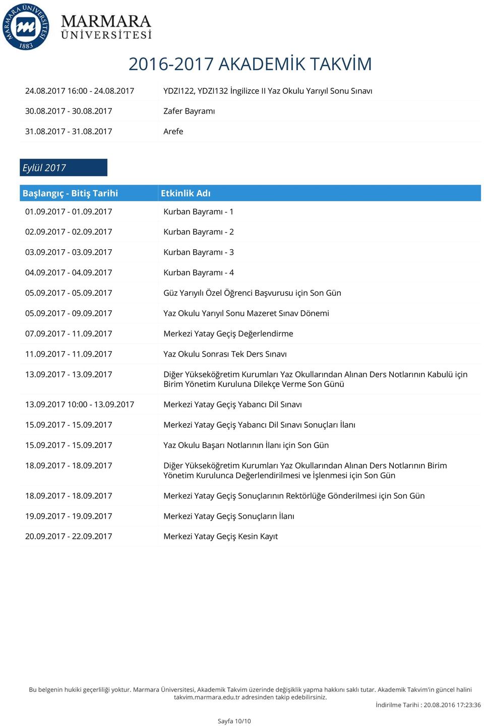 09.2017-09.09.2017 Yaz Okulu Yarıyıl Sonu Mazeret Sınav Dönemi 07.09.2017-11.09.2017 Merkezi Yatay Geçiş Değerlendirme 11.09.2017-11.09.2017 Yaz Okulu Sonrası Tek Ders Sınavı 13.09.2017-13.09.2017 Diğer Yükseköğretim Kurumları Yaz Okullarından Alınan Ders Notlarının Kabulü için Birim Yönetim Kuruluna Dilekçe Verme Son Günü 13.