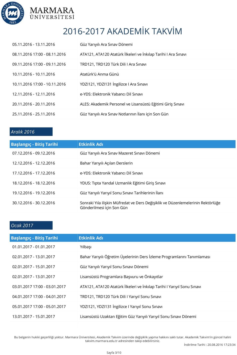 11.2016-25.11.2016 Güz Yarıyılı Ara Sınav Notlarının İlanı için Son Gün Aralık 2016 07.12.2016-09.12.2016 Güz Yarıyılı Ara Sınav Mazeret Sınavı Dönemi 12.12.2016-12.12.2016 Bahar Yarıyılı Açılan Derslerin 17.