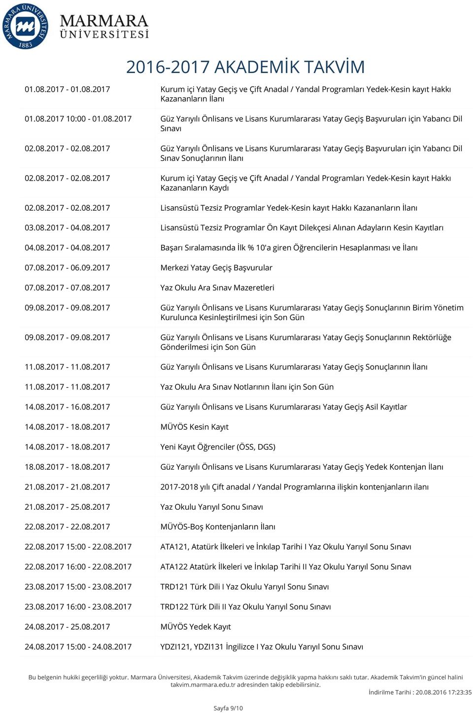 08.2017-02.08.2017 Lisansüstü Tezsiz Programlar Yedek-Kesin kayıt Hakkı Kazananların İlanı 03.08.2017-04.08.2017 Lisansüstü Tezsiz Programlar Ön Kayıt Dilekçesi Alınan Adayların Kesin Kayıtları 04.08.2017-04.08.2017 Başarı Sıralamasında İlk % 10'a giren Öğrencilerin Hesaplanması ve İlanı 07.