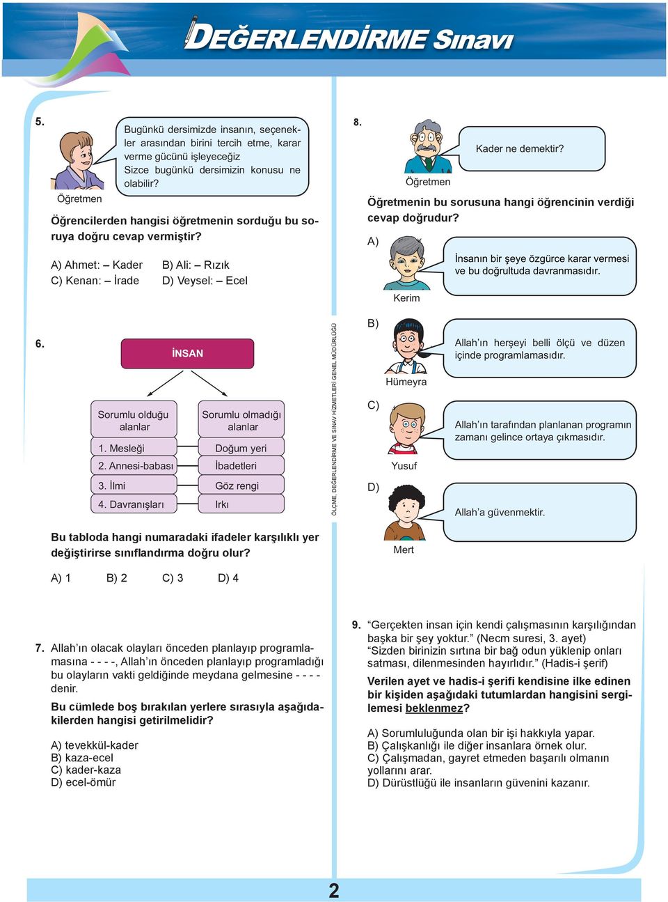 Öğretmenin bu sorusuna hangi öğrencinin verdiği cevap doğrudur? A) Kerim İnsanın bir şeye özgürce karar vermesi ve bu doğrultuda davranmasıdır. 6. Sorumlu olduğu alanlar 1. Mesleği 2. Annesi-babası 3.