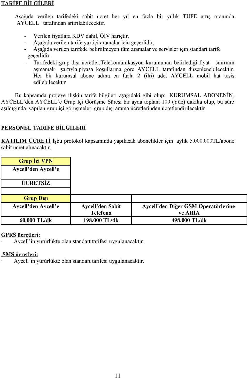 - Tarifedeki grup dışı ücretler,telekomünikasyon kurumunun belirlediği fiyat sınırının aşmamak şartıyla,piyasa koşullarına göre AYCELL tarafından düzenlenebilecektir.