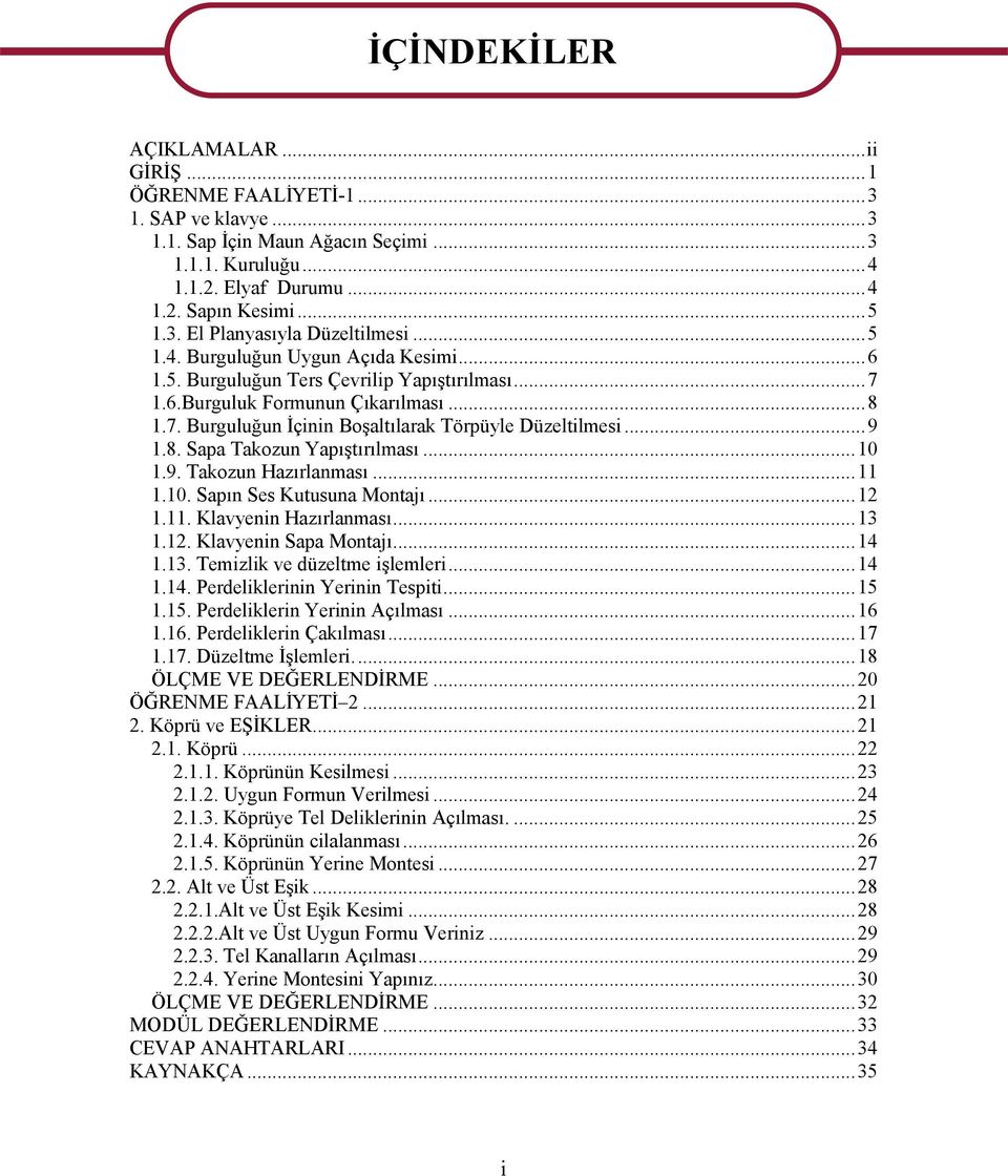 8. Sapa Takozun Yapıştırılması... 10 1.9. Takozun Hazırlanması... 11 1.10. Sapın Ses Kutusuna Montajı... 12 1.11. Klavyenin Hazırlanması... 13 1.12. Klavyenin Sapa Montajı... 14 1.13. Temizlik ve düzeltme işlemleri.