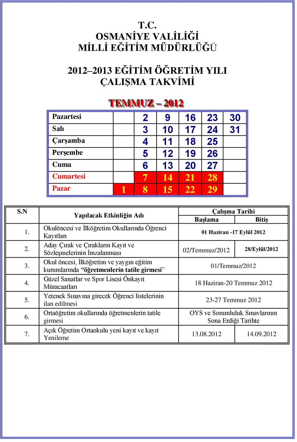 Aday Çırak ve Çırakların Kayıt ve 2 Sözleşmelerinin İmzalanması 02/Temmuz/2012 28/Eylül/2012 3. Okul öncesi, İlköğretim ve yaygın eğitim 3 kurumlarında öğretmenlerin tatile girmesi 01/Temmuz/2012 4.