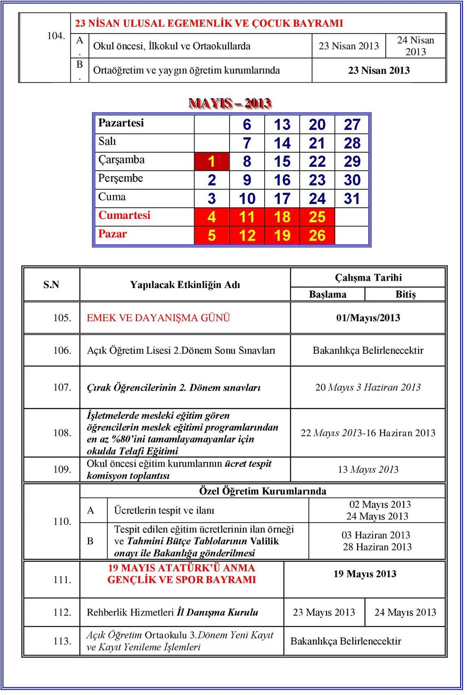 EMEK VE DAYANIŞMA GÜNÜ 01/Mayıs/2013 106. Açık Öğretim Lisesi 2.Dönem Sonu Sınavları Bakanlıkça Belirlenecektir 107. Çırak Öğrencilerinin 2. Dönem sınavları 20 Mayıs 3 Haziran 2013 108. 109. 110. 111.