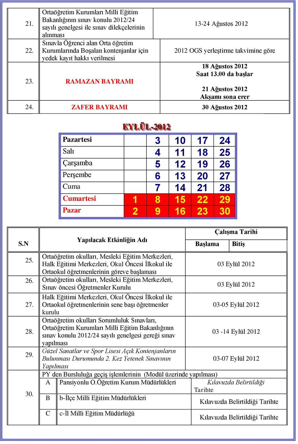 kayıt hakkı verilmesi 23. RAMAZAN BAYRAMI 13-24 Ağustos 2012 2012 OGS yerleştirme takvimine göre 18 Ağustos 2012 Saat 13.00 da başlar 21 Ağustos 2012 Akşamı sona erer 24.